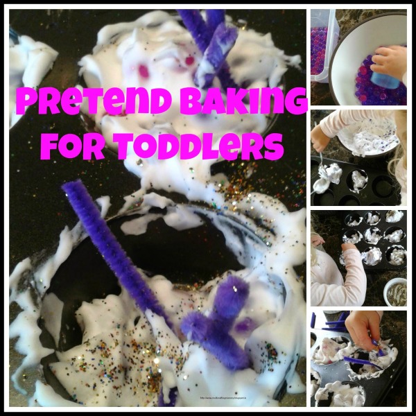 toddler baking activity using shaving foam and waterbeads