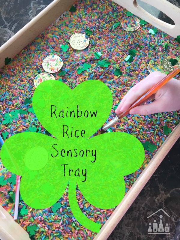 rainbow rice sensory tray 