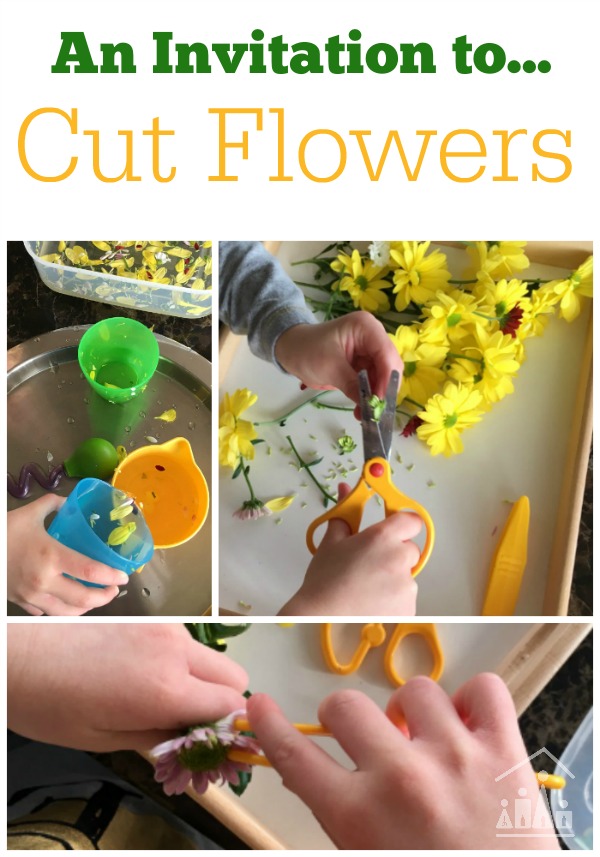 Preschool cutting skills activity exploring a bunch of flowers.