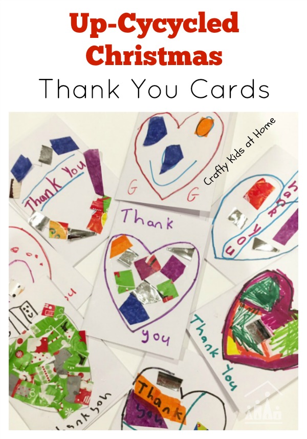 Up Cycled Christmas Thank You Cards for kids to make from old Christmas cards and Christmas crackers.